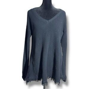 Wishlist Charcoal/Black Long Sleeve V Shaped Fringe Hem Cozy V-Neck Sweater